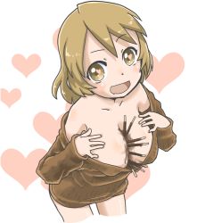 Rule 34 | 1girl, breasts, brown eyes, brown hair, cleavage, food, heart, heart-shaped pupils, heart in eye, kazoku game, large breasts, long hair, masono emu, open mouth, pocky, solo, suzushiro seri, symbol-shaped pupils, symbol in eye