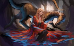 Rule 34 | 1girl, blonde hair, blue eyes, breasts, cleavage, dragon, original, sakimichan, sketch, solo, unfinished