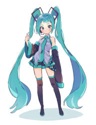Rule 34 | 1girl, aqua eyes, aqua hair, aqua necktie, bare shoulders, black footwear, black skirt, black sleeves, boots, breasts, collared shirt, detached sleeves, frilled shirt, frills, full body, grey shirt, hair ornament, hand up, hatsune miku, headphones, headset, highres, kouhara yuyu, long hair, looking at viewer, miniskirt, necktie, number tattoo, pleated skirt, shirt, simple background, skirt, small breasts, solo, standing, tattoo, thigh boots, thighhighs, tie clip, twintails, untucked shirt, very long hair, vocaloid, white background, zettai ryouiki