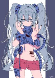 Rule 34 | 1girl, 3774., annoyed, aqua eyes, aqua hair, armor, black nails, breastplate, cable, cyberpunk, cyborg, half-closed eyes, hatsune miku, highres, long hair, looking at viewer, nail polish, red shorts, science fiction, serious, shorts, solo, stomach tattoo, tattoo, tube, twintails, very long hair, vocaloid, wire