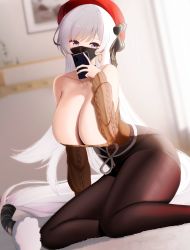 Rule 34 | 1girl, absurdres, azur lane, bare shoulders, belfast (azur lane), belfast (shopping with the head maid) (azur lane), black pantyhose, blurry, blurry background, breasts, cellphone, cleavage, clothes around waist, collarbone, depth of field, earrings, feet out of frame, hat, highres, holding, holding phone, hoop earrings, huge breasts, indoors, jewelry, kneeling, large breasts, long hair, long sleeves, looking at viewer, mask, mouth mask, nicorima, off-shoulder sweater, off shoulder, official alternate costume, pantyhose, partially undressed, pencil skirt, phone, purple eyes, red hat, seiza, selfie, sitting, skirt, solo, sweater, sweater around waist, thick thighs, thighhighs, thighs, very long hair, white hair