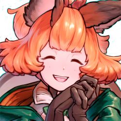 Rule 34 | 1girl, :d, animal ears, bad id, bad twitter id, blunt bangs, closed eyes, coat, facing viewer, granblue fantasy, head tilt, interlocked fingers, karuteira, open mouth, orange hair, own hands clasped, own hands together, portrait, reiesu (reis), smile, solo, white background