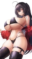 1girl azur_lane bare_shoulders bikini black_bikini black_choker black_hair black_thighhighs blush breasts choker closed_mouth crossed_bangs hair_between_eyes highres long_hair long_sleeves looking_at_viewer navel off_shoulder official_alternate_costume red_eyes revision side_ponytail simple_background smile solo stomach swimsuit taihou_(azur_lane) taihou_(enraptured_companion)_(azur_lane) thigh_strap thighhighs thighs underboob white_background yusha_m