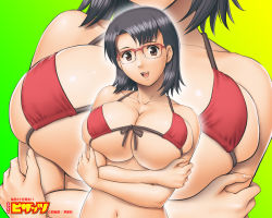 Rule 34 | 1girl, action pizazz, bikini, black hair, breasts squeezed together, breasts, brown eyes, cleavage, front-tie top, glasses, huge breasts, official art, official wallpaper, red bikini, saigado, short hair, skindentation, solo, string bikini, swimsuit, underboob, wallpaper, zoom layer