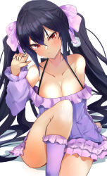 Rule 34 | 1girl, absurdres, alternate breast size, bare shoulders, bimmy, black hair, blush, breasts, cleavage, commentary, dress, frills, hair between eyes, hair ribbon, highres, large breasts, long hair, looking at viewer, neptune (series), noire (neptunia), red eyes, ribbon, solo, twintails