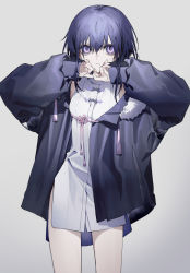Rule 34 | 1girl, absurdres, black hair, black jacket, breasts, closed mouth, commentary request, dress, grey background, hair between eyes, haizome senri, hands up, highres, jacket, long sleeves, looking at viewer, open clothes, open jacket, original, puffy long sleeves, puffy sleeves, purple eyes, simple background, sleeveless, sleeveless dress, sleeves past wrists, small breasts, solo, standing, white dress