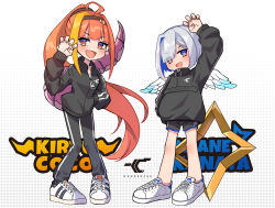 Rule 34 | 2girls, adidas, ahoge, alternate costume, alternate hairstyle, amane kanata, angel, angel wings, arm up, asymmetrical hair, blonde hair, blue hair, blue wings, blunt bangs, character name, chibi, claw pose, colored inner hair, commentary request, dragon girl, dragon horns, dragon tail, eyes visible through hair, gradient wings, hair intakes, hair over one eye, hand in pocket, highres, hololive, horns, kiryu coco, long hair, looking at viewer, mini wings, multicolored hair, multicolored wings, multiple girls, open mouth, orange hair, pink hair, ponytail, purple eyes, shoes, short hair, silver hair, single hair intake, slit pupils, smile, sneakers, streaked hair, tail, tsuruya (l re10 l), v-shaped eyebrows, very long hair, virtual youtuber, white footwear, white wings, wings