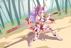 Rule 34 | 1girl, absurdres, boots, commentary request, dress, fighting stance, fox mask, green eyes, hair between eyes, heterochromia, highres, himemori luna, hololive, jiu fanglianhua, long hair, long sword, looking at viewer, mask, mask on head, mizutsune (armor), monster hunter (series), outdoors, pink dress, pink hair, purple eyes, ready to draw, sheath, solo, thigh boots, thighhighs, virtual youtuber