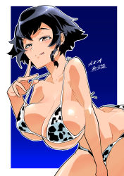 Rule 34 | 1girl, :p, absurdres, adjusting clothes, adjusting swimsuit, animal print, artist name, bikini, black hair, blue background, border, braid, breasts, brown eyes, cleavage, closed mouth, commentary, cow print, dated, girls und panzer, gradient background, half-closed eyes, halterneck, highres, huge breasts, leaning forward, licking lips, looking at viewer, outline, outside border, pepperoni (girls und panzer), print bikini, shinkuukan (tetsuo3), short hair, side braid, signature, smile, solo, standing, swimsuit, tongue, tongue out, white bikini, white border, white outline