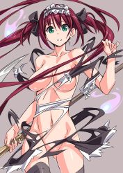Rule 34 | 1girl, airi (queen&#039;s blade), airi (queen's blade), airi (the infernal temptress), bow, breasts, collarbone, convenient censoring, exploding clothes, fire, frills, green eyes, grey background, hair between eyes, hair bow, highres, long hair, looking at viewer, maid, maid headdress, medium breasts, navel, parted lips, purple hair, queen&#039;s blade, scythe, shiny skin, simple background, skirt, solo, spirit, suzutsuki kurara, thighhighs, torn clothes, very long hair