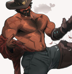 Rule 34 | 1boy, bara, beard, blue pants, cassidy (overwatch), chest hair, chris sdd, cigar, cowboy hat, facial hair, hat, highres, large pectorals, male focus, mature male, mechanical arms, muscular, muscular male, navel, navel hair, nipples, overwatch, overwatch 1, pants, pectorals, red shirt, scar, scar on arm, shirt, simple background, single mechanical arm, smile, smoking, solo, white background