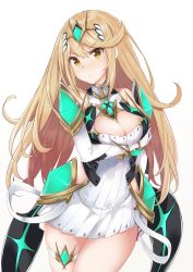 Rule 34 | 1girl, absurdres, armor, bad id, bad pixiv id, bare shoulders, blonde hair, breasts, cleavage, cleavage cutout, clothing cutout, covered navel, gem, gloves, headpiece, highres, large breasts, long hair, mythra (xenoblade), nintendo, side cutout, solo, swept bangs, tetora (yumejihuka), thigh strap, tiara, white background, xenoblade chronicles (series), xenoblade chronicles 2, yellow eyes