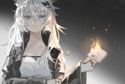 Rule 34 | 1girl, animal ears, arknights, black jacket, chinese commentary, commentary request, fingerless gloves, fire, gloves, gradient background, grey background, grey eyes, hair between eyes, hair ornament, hairclip, highres, holding, holding paper, jacket, lappland (arknights), long hair, long sleeves, looking at viewer, open clothes, open jacket, paper, scar, scar across eye, smile, solo, strapless, tube top, upper body, white gloves, white hair, wolf ears, xhcohiyc