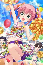 Rule 34 | alternative girls, balloon, bare arms, bow, building, cheerleader, clear sky, clothes lift, green eyes, hair bow, highres, holding, holding pom poms, mano sakurako, multicolored clothes, multicolored shirt, multicolored skirt, official art, open mouth, outdoors, pink hair, pom pom (cheerleading), pom poms, shirt, skirt, skirt lift, sky, sleeveless, sleeveless shirt, smile, sunlight, twintails