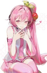 Rule 34 | 1girl, absurdres, ani 019, cherry, cherry hair ornament, collared shirt, detached sleeves, food, food-themed hair ornament, fruit, hair ornament, hands up, hatsune miku, headphones, heart, highres, long hair, looking at viewer, meme, necktie, own hands together, pink eyes, pink hair, pink nails, pink necktie, pink skirt, pink sleeves, pink theme, pink thighhighs, pleated skirt, sakura miku, shirt, side ponytail, sitting, skirt, sleeveless, sleeveless shirt, smile, solo, thighhighs, very long hair, vocaloid, white background, zettai ryouiki