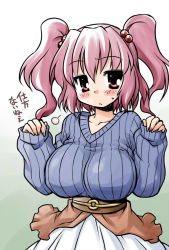 Rule 34 | 1girl, akou roushi, alternate costume, arms up, blush, breasts, female focus, hair bobbles, hair ornament, huge breasts, impossible clothes, impossible sweater, onozuka komachi, pinching sleeves, pink hair, red eyes, ribbed sweater, sleeves past wrists, solo, sweatdrop, sweater, touhou, twintails, two side up