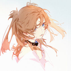 Rule 34 | 1girl, bare shoulders, black choker, blue background, blue eyes, brown hair, character request, check character, check copyright, choker, copyright request, eyelashes, gradient background, highres, long hair, long sleeves, neon genesis evangelion, parted lips, pink lips, shirt, simple background, smile, sola7764, solo, souryuu asuka langley, teeth, two side up, upper body, white background, white shirt, white sleeves