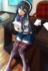 Rule 34 | 10s, 1girl, black hair, boots, chair, desk, firolat, glasses, hip vent, holding, holding paper, kantai collection, leaning on object, office chair, ooyodo (kancolle), open mouth, paper, papers, pleated skirt, school uniform, serafuku, skirt, solo, swivel chair, thighhighs, window, wooden floor, zettai ryouiki
