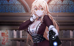 Rule 34 | + +, 1girl, aiming, aiming at viewer, artist request, blonde hair, book, bookshelf, breasts, cangkong, choker, cleavage, controller, copyright name, copyright request, corset, dress, gloves, hand on own cheek, hand on own face, highres, indoors, jewelry, large breasts, lolita fashion, long hair, long sleeves, pendant, shokuhou misaki, solo, stained glass, standing, symbol-shaped pupils, toaru kagaku no railgun, toaru majutsu no index, upper body, white gloves, yellow eyes