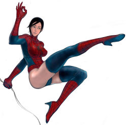 Rule 34 | 1girl, black hair, boots, cameltoe, genderswap, genderswap (mtf), heegur, high heel boots, high heels, marvel, see-through, shoes, solo, spider-girl, spider-man, spider-man (series), thigh boots, thighhighs