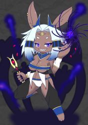 Rule 34 | 1girl, animal ears, animal hands, artist request, bare shoulders, breasts, character request, cleavage, earrings, egyptian, egyptian clothes, furry, furry female, grin, hair ornament, hair tubes, highres, jewelry, long hair, looking at viewer, magic, medium breasts, no humans, purple eyes, rabbit, scepter, short hair, smile, solo, teeth, underboob, white hair