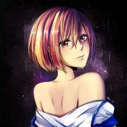Rule 34 | 1girl, artist name, bare shoulders, black background, brown hair, clothes down, from behind, hair between eyes, looking at viewer, looking back, meiko (vocaloid), parted lips, red eyes, short hair, solo, upper body, vocaloid, yen-mi