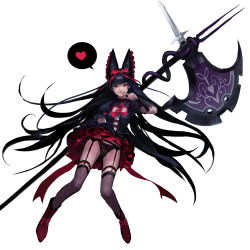 Rule 34 | 10s, 1girl, akcho, animal ears, black hair, black panties, black thighhighs, blunt bangs, bow, closed mouth, finger to mouth, full body, garter belt, garter straps, gate - jieitai ka no chi nite kaku tatakaeri, gothic lolita, hair bow, hair ribbon, halberd, heart, highres, hime cut, image sample, lolita fashion, long hair, looking at viewer, panties, polearm, realistic, red bow, red eyes, ribbon, rory mercury, smile, solo, speech bubble, spoken heart, stomach, thighhighs, tongue, tongue out, underwear, weapon, white background