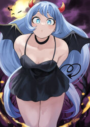 1girl absurdres alternate_costume bat_(animal) black_choker black_dress black_tail black_wings blue_eyes blue_hair boku_no_hero_academia choker cloud cloudy_sky demon_horns demon_tail demon_wings dress fengling_(furin-jp) full_moon hadou_nejire highres horns long_hair moon night outdoors red_horns sky solo tail wings