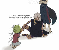Rule 34 | 1girl, 2boys, aged down, ahoge, barefoot, behind another, child, collei (genshin impact), commentary, crossed arms, cyno (genshin impact), english commentary, english text, genshin impact, gloom (expression), green hair, grey hair, grin, head out of frame, kochi003s, looking at another, multiple boys, puffy pants, red eyes, red shirt, shirt, short hair, sitting, smile, tan, tighnari (genshin impact), white background