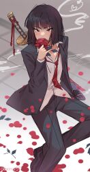 Rule 34 | 1girl, absurdres, black hair, black jacket, black pants, cheromo159, flower, hand up, highres, holding, holding flower, jacket, katana, limbus company, long sleeves, necktie, pants, petals, project moon, red eyes, red flower, red necktie, ryoshu (project moon), short hair, sitting, solo, sword, weapon