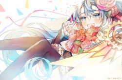 Rule 34 | 1girl, :d, aryuma772, black sleeves, black thighhighs, blue eyes, blue hair, blush, bouquet, floating hair, flower, hair between eyes, hair flower, hair ornament, hatsune miku, highres, holding, holding bouquet, long hair, long sleeves, open mouth, pink flower, pink rose, red flower, rose, sketch, smile, solo, thighhighs, twintails, twitter username, very long hair, vocaloid