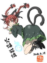 Rule 34 | 10s, 1girl, 2016, animal ears, ass, black ribbon, bow, braid, cat ears, cat tail, dated, dress, extra ears, full body, ghost, green skirt, hair bow, inuno rakugaki, kaenbyou rin, leg ribbon, long hair, multiple tails, nekomata, paw pose, pointy ears, red eyes, red hair, ribbon, shoes, simple background, skirt, smile, solo, tail, touhou, twin braids, two tails, white background