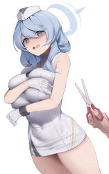 Rule 34 | 1girl, absurdres, ako (blue archive), bare legs, bare shoulders, blue archive, blue eyes, blue hair, blurry, blurry foreground, blush, breasts, covered navel, covering privates, covering breasts, cowboy shot, cuffs, deep skin, dress, dutch angle, gloves, grabbing own breast, hair between eyes, halo, hat, high collar, highres, large breasts, looking at viewer, medium hair, mung (larnec), nurse, nurse cap, open mouth, pencil dress, pov, pov hands, scissors, shackles, short dress, simple background, sleeveless, sleeveless dress, swept bangs, thick thighs, thighs, upset, white background, white gloves