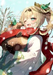 Rule 34 | 1girl, ;d, animal, animal hug, bare tree, black gloves, blonde hair, blush, commentary request, fingerless gloves, gloves, green eyes, hair ribbon, haori, highres, holding, holding animal, hololive, japanese clothes, kazama iroha, long sleeves, looking at animal, one eye closed, open mouth, outdoors, pokobee, ponytail, red scarf, ribbon, scarf, shared clothes, shared scarf, smile, snow, snowing, solo, tanuki, tataratatan, tree, virtual youtuber