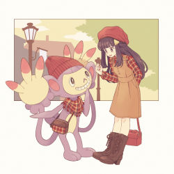 Rule 34 | 1girl, ambipom, arm behind back, bag, beanie, black hair, blunt bangs, blush, boots, bright pupils, brown dress, brown footwear, cloud, creatures (company), cross-laced footwear, dawn (pokemon), dress, fringe trim, game freak, gen 4 pokemon, grin, hair ornament, hairclip, handbag, hat, holding, holding bag, knee boots, komasawa (fmn-ppp), lace-up boots, lamppost, long hair, long sleeves, multiple tails, nail polish, nintendo, outside border, pinafore dress, plaid, plaid shirt, pokemon, pokemon (creature), pokemon dppt, purple eyes, red hat, red nails, red scarf, red shirt, scarf, shirt, shoulder bag, sidelocks, sky, sleeveless, sleeveless dress, smile, standing, tail, tareme, teeth, two tails, white background, yellow sky