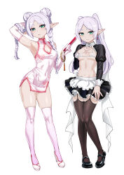 Rule 34 | 1girl, absurdres, apron, armpits, bikini, braid, breasts, china dress, chinese clothes, commentary, double bun, dress, earrings, elf, frieren, full body, garter straps, green eyes, grey hair, hair bun, high heels, highres, jewelry, long sleeves, maid, maid apron, maid bikini, miniskirt, navel, nipples, orgoglioso banane, pointy ears, shrug (clothing), simple background, skindentation, skirt, small breasts, smile, sousou no frieren, standing, swimsuit, symbol-only commentary, thighhighs, twin braids, twintails, unconventional maid, white background