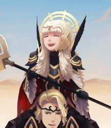Rule 34 | 1boy, 1girl, armor, black armor, black gloves, blonde hair, blue sky, cape, carrying, circlet, crown, day, closed eyes, fakewaffle, fire emblem, fire emblem fates, fire emblem heroes, gloves, grey hair, hair ornament, highres, holding, holding staff, long hair, long sleeves, nintendo, open mouth, outdoors, red eyes, short hair, shoulder armor, shoulder carry, sky, staff, veronica (fire emblem), xander (fire emblem)