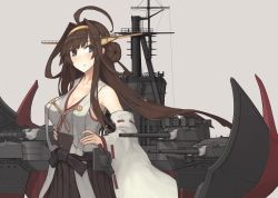 Rule 34 | 10s, 1girl, absurdres, ahoge, bare shoulders, black skirt, breasts, brown hair, cleavage, collarbone, detached sleeves, double bun, floating hair, grey eyes, hair bun, hair intakes, hairband, hands on own hips, highres, japanese clothes, kantai collection, kongou (kancolle), kongou kai ni (kancolle), large breasts, long hair, long sleeves, looking away, looking to the side, machinery, mikoto (oi plus), no bra, nontraditional miko, ribbon trim, silver background, simple background, skirt, solo, turret, wide sleeves