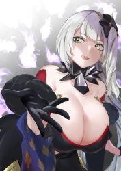 Rule 34 | 1girl, bare shoulders, black gloves, breasts, cleavage, dark persona, detached collar, fate/grand order, fate (series), gloves, hair ornament, highres, huge breasts, leaning forward, long hair, looking at viewer, marie antoinette (alter) (fate), marie antoinette (fate), murio, open mouth, outstretched arm, pale skin, side ponytail, silver hair, smile, yellow eyes