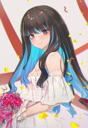 Rule 34 | 1girl, bare shoulders, black hair, blue hair, blush, bouquet, breasts, colored inner hair, dress, eyeliner, fate/grand order, fate (series), flower, grey eyes, highres, long hair, looking at viewer, makeup, multicolored hair, off-shoulder dress, off shoulder, small breasts, smile, solo, tenochtitlan (fate), ura illust, wedding dress, white dress
