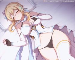 Rule 34 | 1girl, animated, animated gif, arm grab, bare shoulders, bed sheet, black panties, blonde hair, blush, breasts, closed eyes, detached sleeves, disembodied limb, dress, flower, from above, genshin impact, gloves, hair flower, hair ornament, large breasts, long sleeves, lumine (genshin impact), lying, navel, on back, on bed, panties, parted lips, partially fingerless gloves, pillow, sleeping, solo focus, thighhighs, underwear, waero, white dress, white flower, white thighhighs