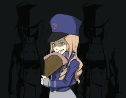 Rule 34 | 1girl, bc freedom (emblem), bc freedom military uniform, black background, blonde hair, blue jacket, commentary request, emblem, girls und panzer, hand fan, highres, holding, holding fan, jacket, marie (girls und panzer), run the 9tails, skirt, smirk, white skirt