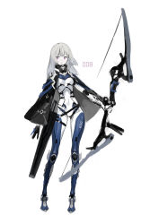 1girl absurdres arrow_(projectile) black_capelet bow_(weapon) capelet colored_skin cyberpunk gloves grey_hair highres holding holding_bow_(weapon) holding_weapon long_hair mechanical_arms original parted_lips purple_eyes quiver simple_background single_mechanical_arm sketch solo soyoong_jun standing weapon white_background white_skin