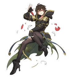 Rule 34 | 1boy, ahoge, arm up, belt, blue belt, boots, brown hair, cape, commentary, commentary request, expressionless, falling feathers, falling petals, feathers, full body, gloves, granblue fantasy, green cape, hair between eyes, hand on own knee, high heel boots, high heels, hood, hood down, knee up, looking at viewer, male focus, messy hair, parted lips, petals, red eyes, sandalphon (granblue fantasy), short hair, sitting, solo, tki, white background