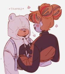 Rule 34 | 1boy, 1girl, animal ears, animal hood, bandaid, bandaid on face, bandaid on nose, bear, bear ears, bear hood, belt, belt buckle, black dress, black footwear, black gloves, black streaks, blush stickers, buckle, casual, circus baby (fnaf), clothing cutout, commentary, covered eyes, drawstring, drawstring pull, dress, english commentary, expressionless, facing away, fashion, five nights at freddy&#039;s, flat color, flower, freddy fazbear&#039;s pizzeria simulator, from behind, gloves, height difference, hood, hood up, hoodie, humanoid robot, joints, jxitrash, long sleeves, looking at another, mechanical parts, messy hair, midriff, multicolored clothes, multicolored dress, non-humanoid robot, open mouth, orange dress, orange footwear, orange hair, pink lips, red streaks, robot, robot animal, robot girl, robot joints, short hair, simple background, smile, sound effects, stomach cutout, twintails, upper body, white background, white fur, white hoodie, wire