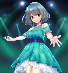Rule 34 | 10s, 1girl, bare shoulders, blue eyes, dress, green eyes, green hair, heterochromia, highres, idolmaster, idolmaster cinderella girls, infinote, matching hair/eyes, mole, mole under eye, outstretched arms, smile, solo, stage lights, takagaki kaede