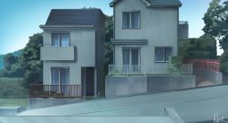 Rule 34 | balcony, blue sky, building, commentary request, fence, grass, hakuurei amano, highres, hill, house, no humans, original, road, scenery, sky, street, tree, watermark, window