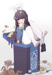 Rule 34 | 1girl, :3, ahoge, animal ears, arrow (symbol), artist name, ass, autumn leaves, binoculars, black hair, blue archive, blue serafuku, blush, bright pupils, closed mouth, commentary request, fake animal ears, finger in own mouth, green neckerchief, gun, halo, highres, in trash can, kasternia, knee pads, long hair, long sleeves, miyu (blue archive), neckerchief, no shoes, pantyhose, rabbit ears, recycle bin, recycling symbol, red eyes, rifle, sailor collar, school uniform, serafuku, sidelocks, signature, single knee pad, smile, sniper rifle, soles, solo, thermos, thighs, toes, weapon, white pantyhose, white pupils, white sailor collar