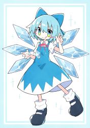 Rule 34 | 1girl, :q, asameshi, black footwear, blue border, blue bow, blue dress, blue eyes, blue hair, blush stickers, border, bow, cirno, detached wings, dress, full body, hair bow, hands up, highres, ice, ice wings, loose socks, neck ribbon, red ribbon, ribbon, shirt, shoes, short hair, short sleeves, socks, solo, tongue, tongue out, touhou, white background, white shirt, white socks, wings