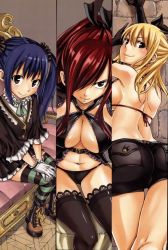 Rule 34 | 3girls, against wall, ass, back, bikini, bikini top only, black gloves, black panties, black shorts, blonde hair, blue hair, blush, boots, breasts, brown eyes, cleaned, cleavage, dress, earrings, elbow gloves, erza scarlet, fairy tail, from behind, gloves, jewelry, kneepits, large breasts, long hair, looking at viewer, looking back, lucy heartfilia, mashima hiro, multiple girls, navel, official art, panties, ponytail, red hair, short shorts, shorts, sideboob, sitting, smile, stomach, striped legwear, swimsuit, thigh gap, thighhighs, thighs, third-party edit, twintails, underwear, wendy marvell, white gloves, zettai ryouiki